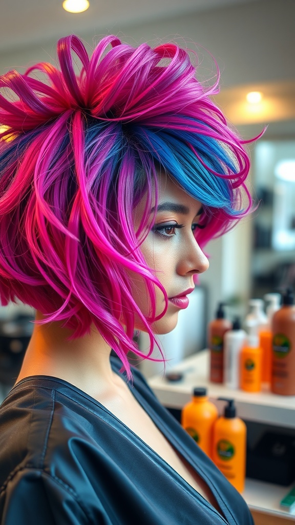 A person with vibrant pink and blue hair styled in a bold cut, showcasing a confident hair transformation.