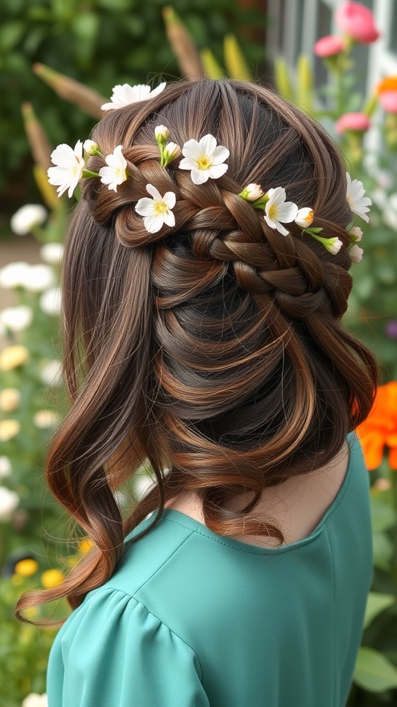 Half-up braided crown hairstyle adorned with flowers.