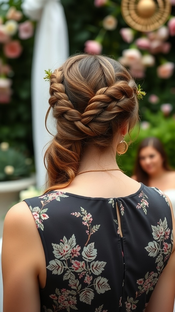 A woman with a half-up braided crown hairstyle, adorned with small flowers, wearing a floral dress.