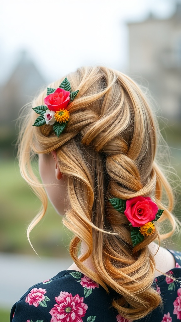 A woman with half-up half-down twisted hairstyle adorned with floral decorations.