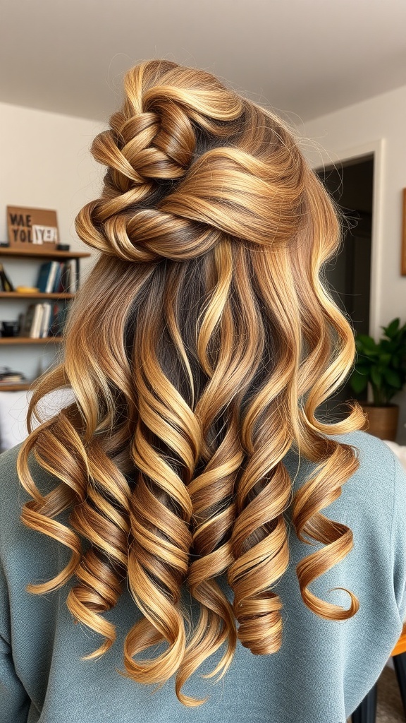 A woman with a half-up, half-down twist hairstyle featuring golden curls.
