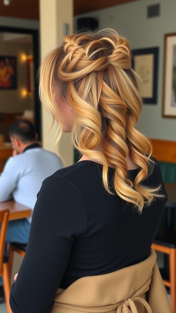 A woman with a half-up half-down twisted hairstyle, featuring curls cascading down her back while the top is elegantly pinned.
