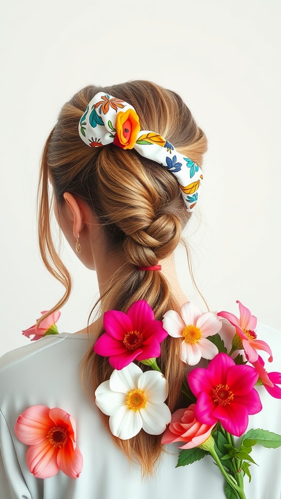 Half-up ponytail with a colorful hair wrap and flowers on the shoulders.