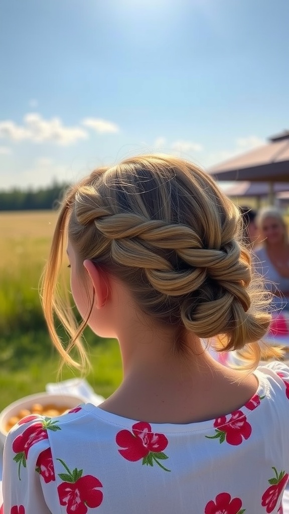 A woman with a half-up twist hairstyle, featuring highlights, standing outdoors