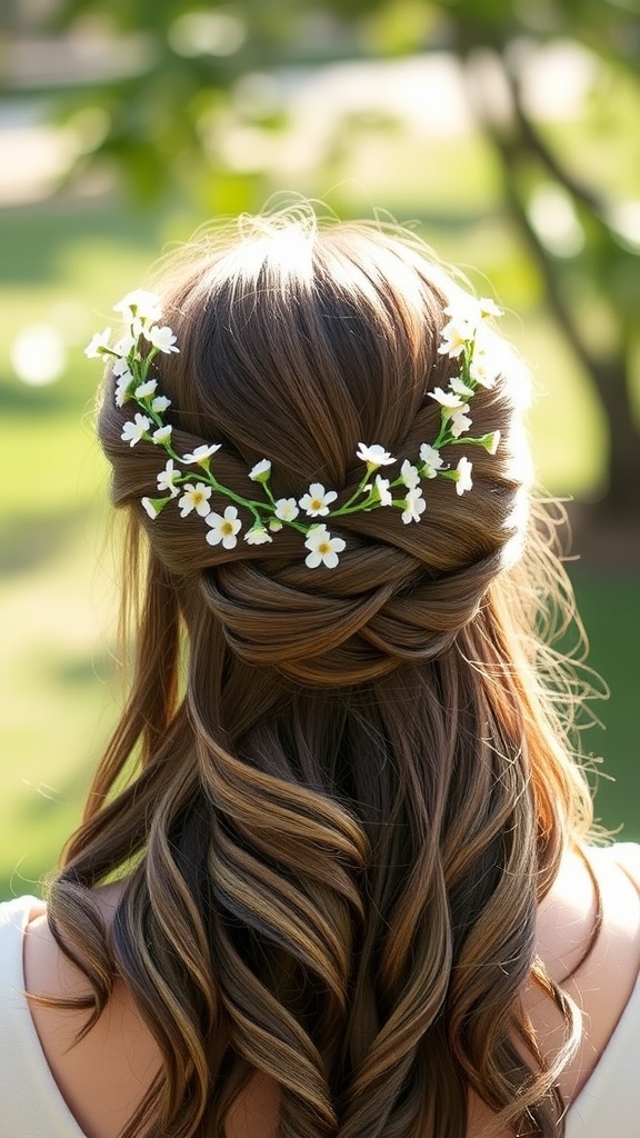 A woman with a half-up twisted crown hairstyle adorned with floral accessories.