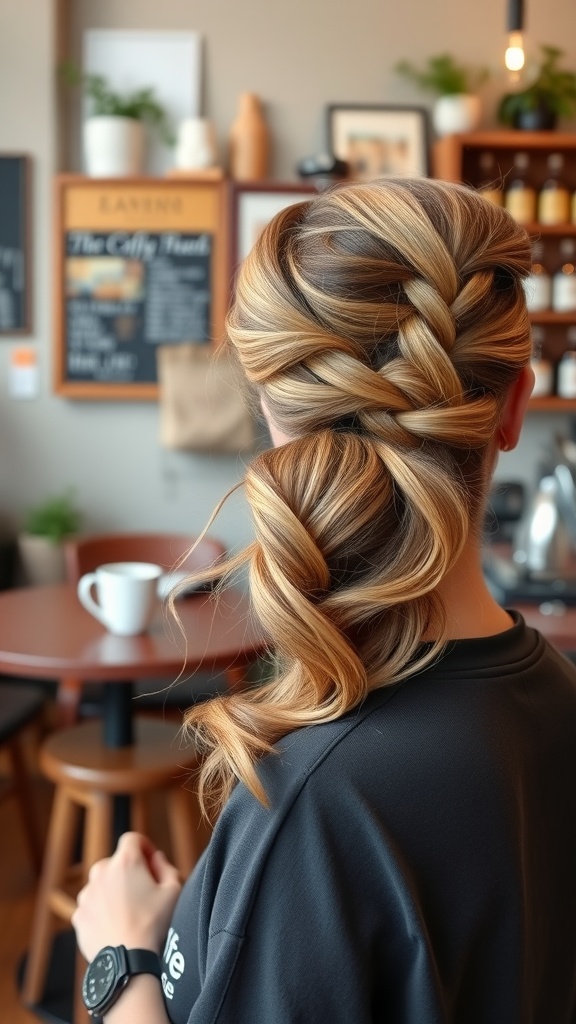 A stylish half-up twisted ponytail hairstyle displayed in a cafe setting.