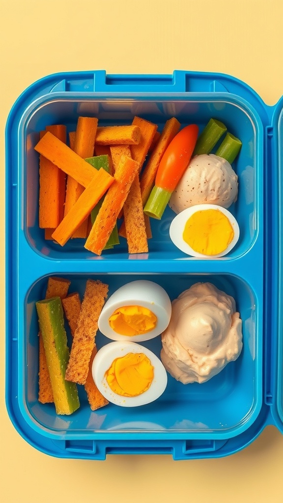 A blue lunchbox filled with hard-boiled eggs, carrot sticks, celery sticks, and a creamy dip.