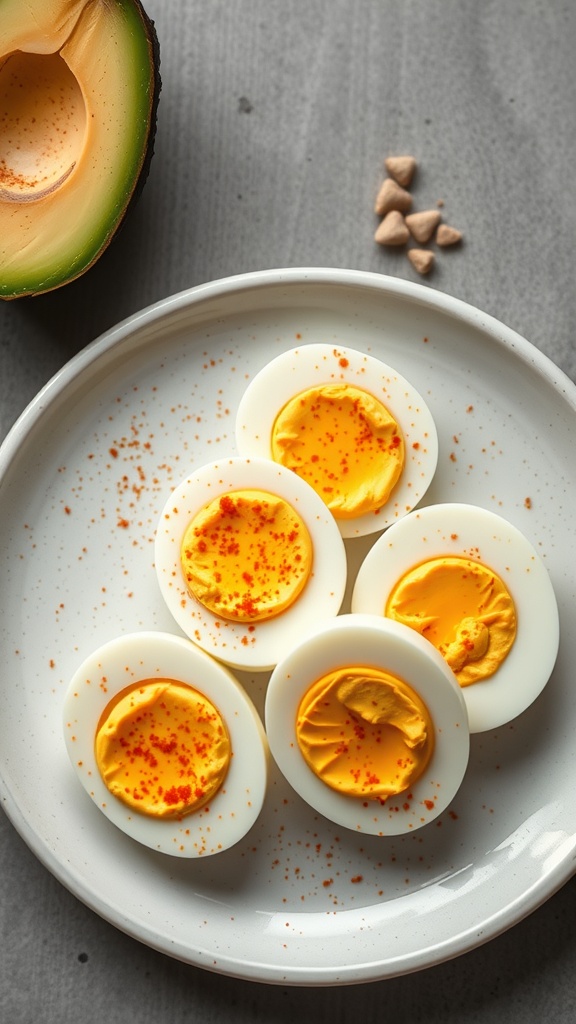 A plate of hard-boiled eggs filled with avocado and sprinkled with paprika.
