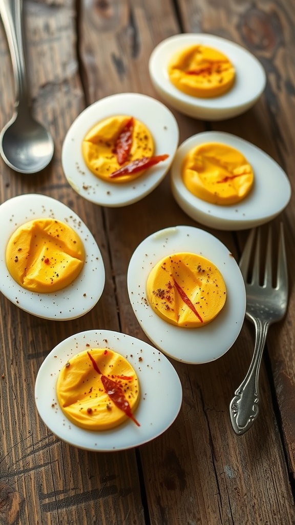 Hard-boiled eggs with spices arranged neatly on a wooden table.