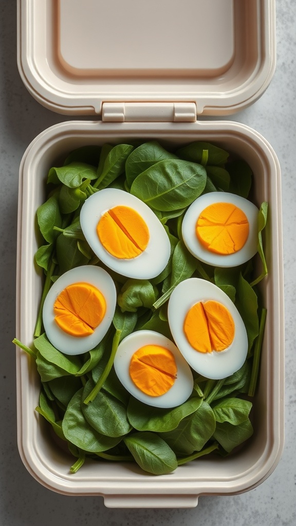 Hard-boiled eggs sliced in half on a bed of fresh spinach in a lunchbox.