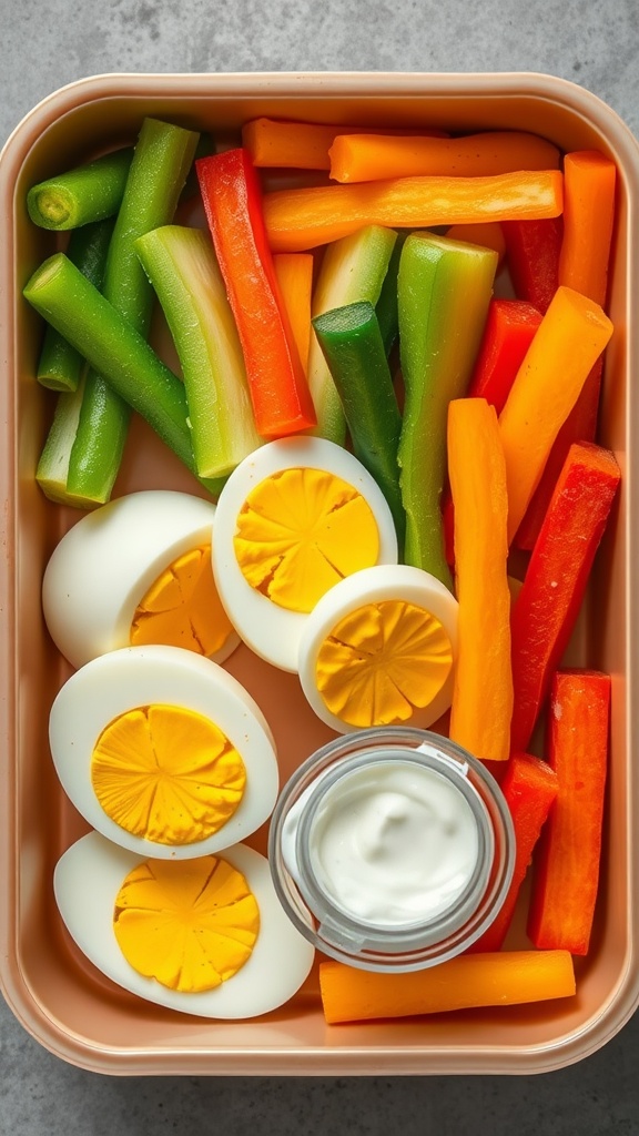 Hard-boiled eggs served with colorful veggie sticks in a lunchbox