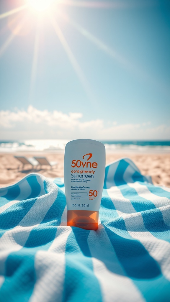 A bottle of 50 SPF sunscreen on a beach towel with sunlight shining