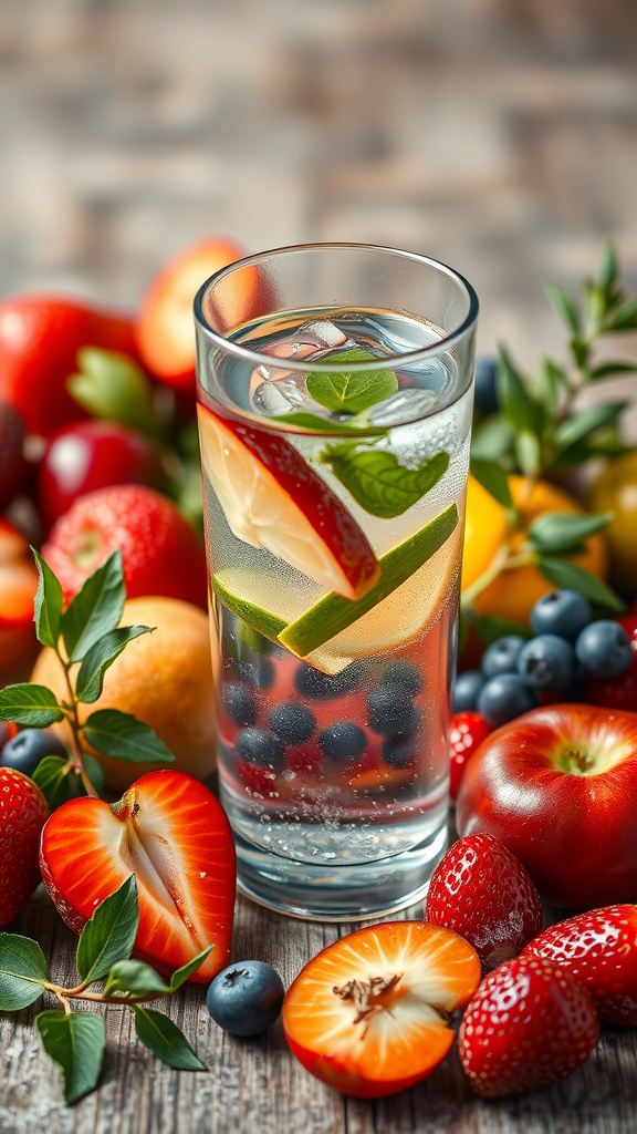 A glass of fruit-infused water with apples, strawberries, blueberries, and mint leaves, surrounded by fresh fruits.