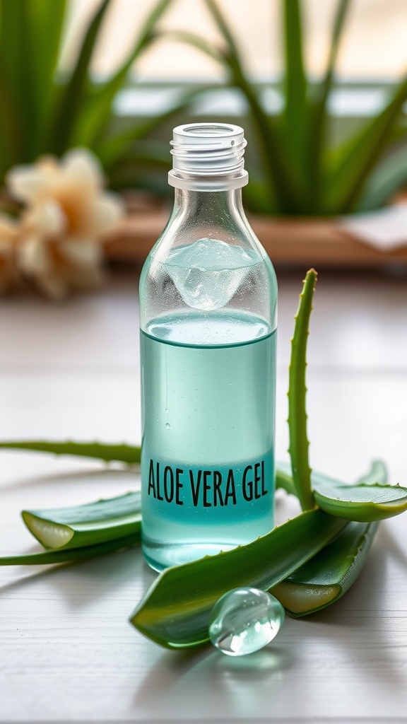 A bottle of aloe vera gel surrounded by fresh aloe vera leaves