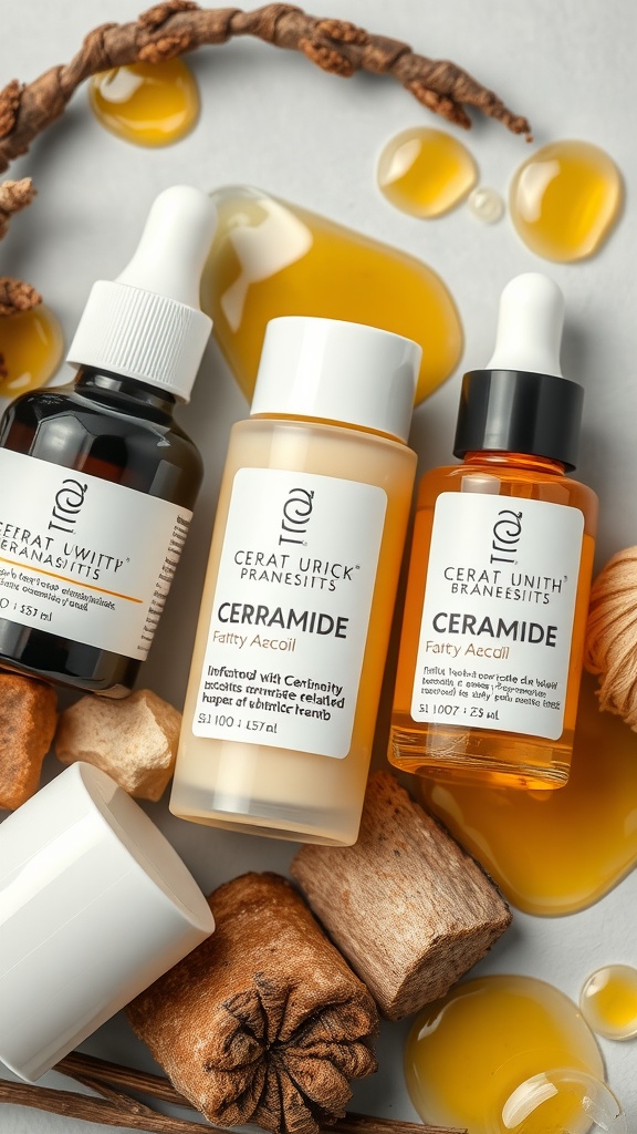 Various skincare products featuring ceramides and fatty acids, surrounded by natural elements.