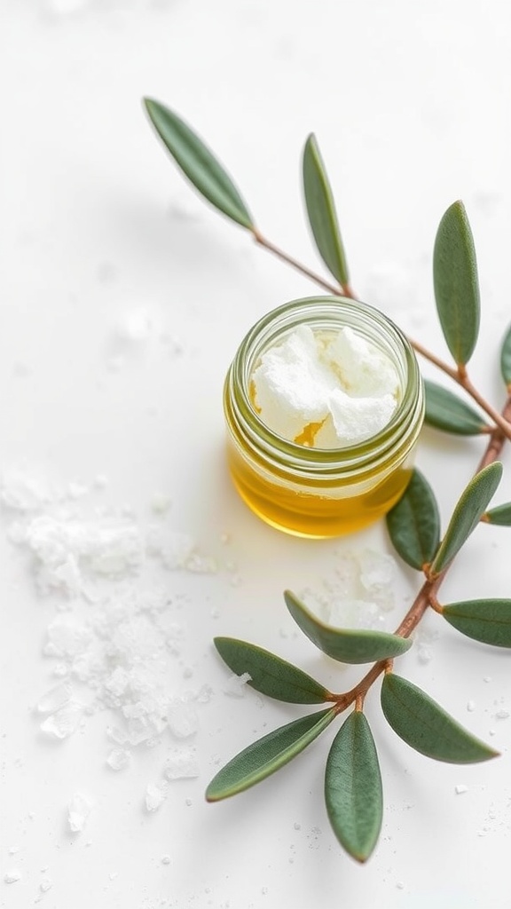 A small jar of olive oil and sugar lip scrub with olive leaves