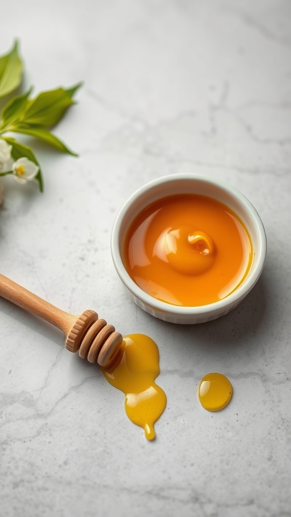 A bowl of honey with a wooden dipper and turmeric on a marble surface, surrounded by green leaves.
