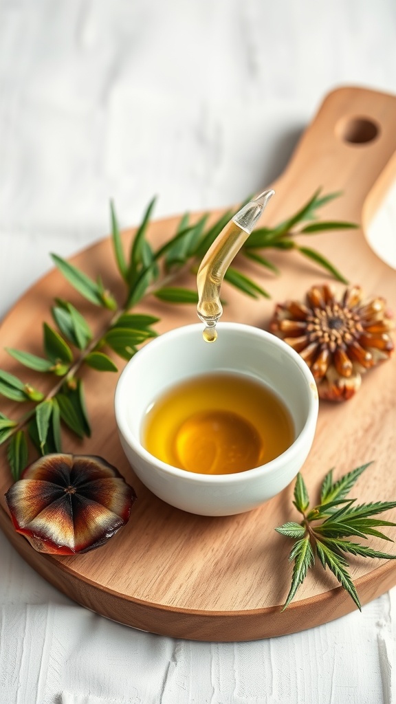 A small bowl of tea tree oil with a dropper, surrounded by green leaves and natural elements on a wooden surface.