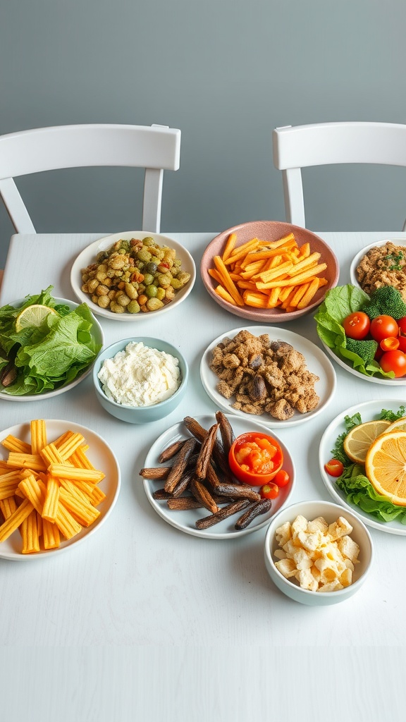A colorful spread of healthy meal prep ingredients on a table.