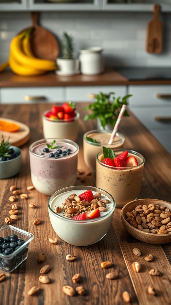 A variety of yogurt bowls topped with fruits and nuts on a wooden table.