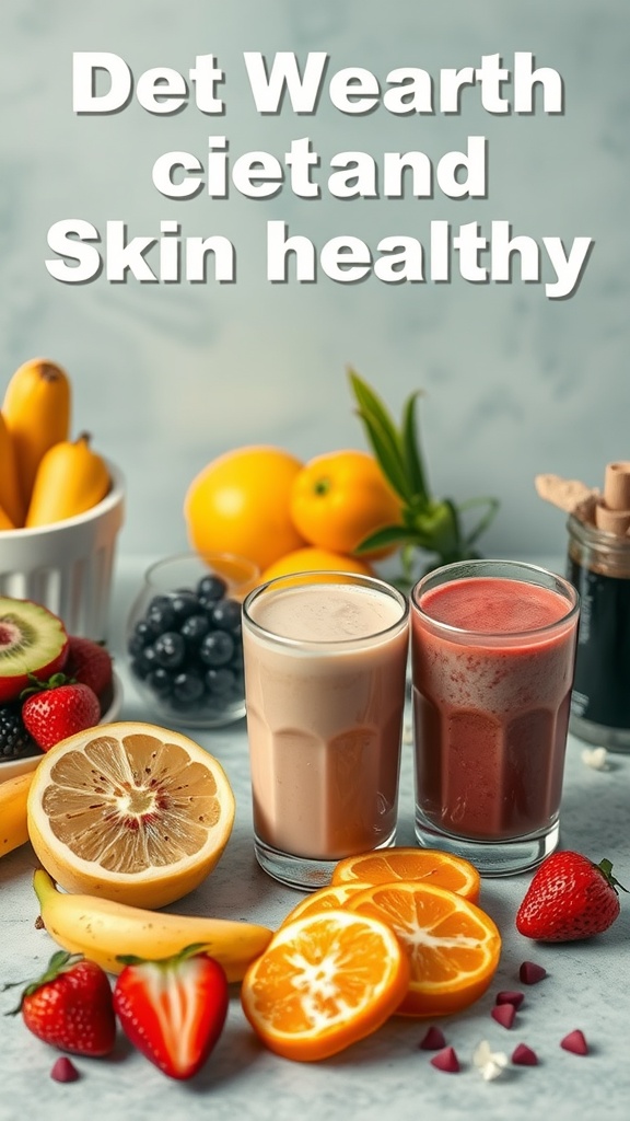 A selection of fruits and smoothies on a table, featuring strawberries, oranges, bananas, and two glasses of smoothies.