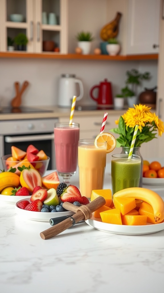A colorful breakfast spread featuring smoothies and fresh fruits in a cozy kitchen.