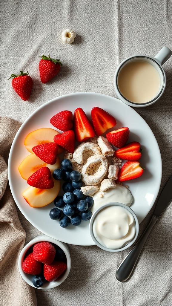A healthy breakfast plate with strawberries, blueberries, peaches, and yogurt.