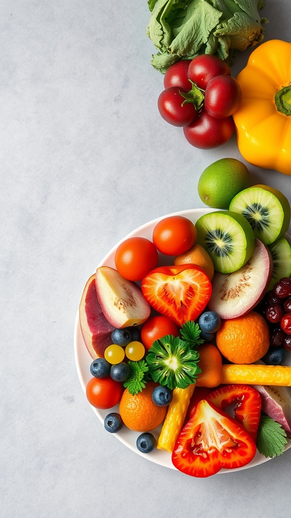 A colorful assortment of fresh fruits and vegetables on a plate.