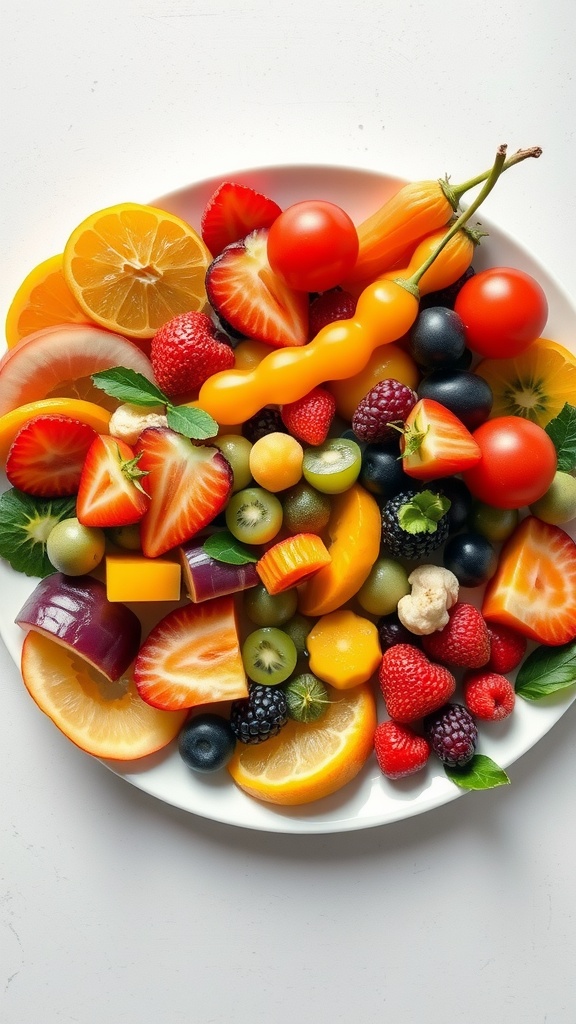 A colorful platter of various fruits and vegetables, including strawberries, oranges, tomatoes, and leafy greens, arranged beautifully.