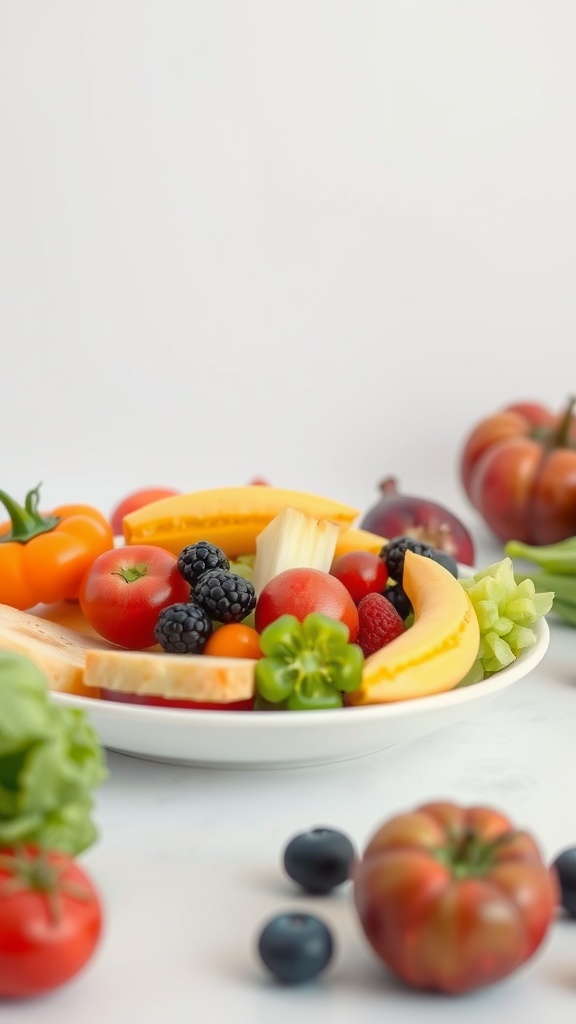 A colorful plate filled with fresh fruits and vegetables, including berries, tomatoes, and greens.