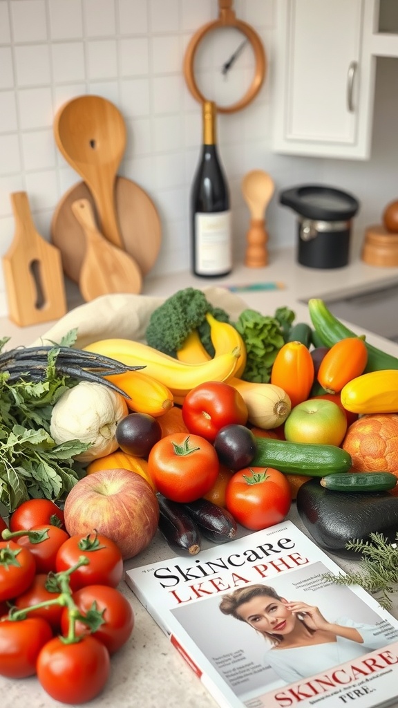 A variety of fresh fruits and vegetables arranged on a kitchen countertop with a skincare magazine.