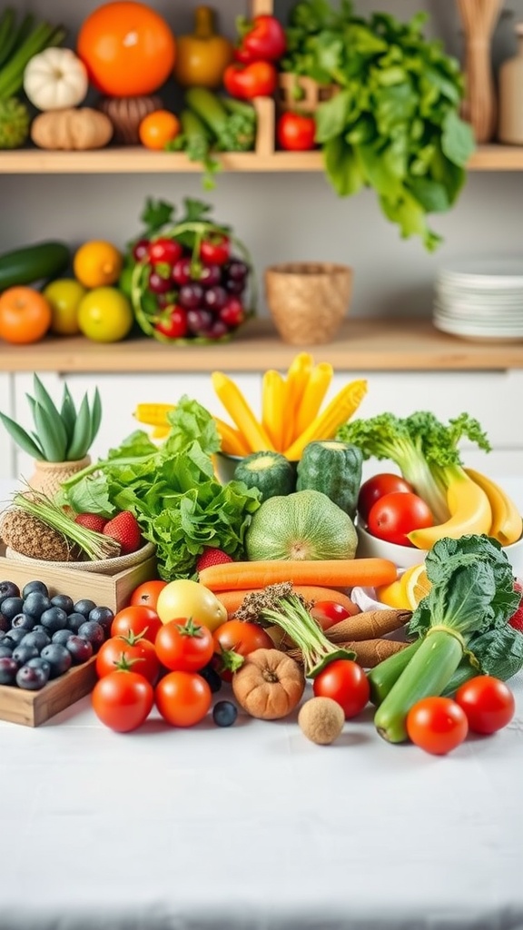 A colorful array of fresh fruits and vegetables on a table.