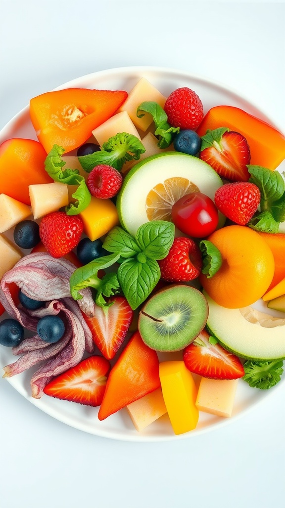 A colorful platter of fruits and vegetables including strawberries, blueberries, peppers, and mint leaves.