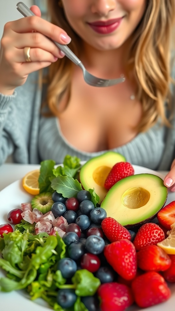 A woman preparing to enjoy a colorful plate of fresh fruits and greens.