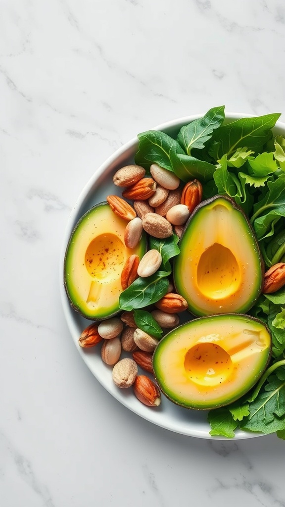 A plate with sliced avocados, nuts, and fresh greens.
