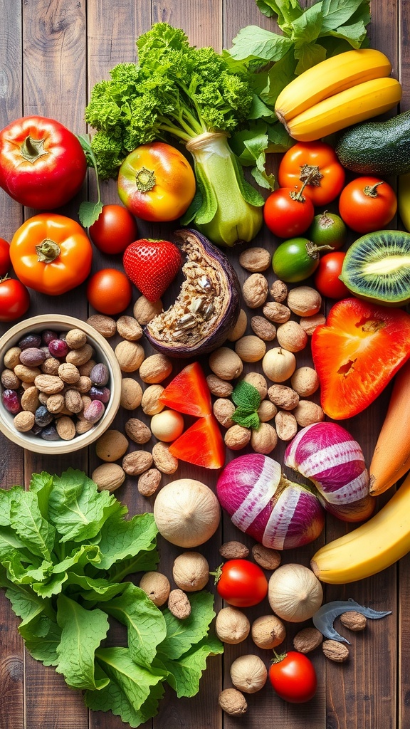 A colorful assortment of fresh fruits, vegetables, and nuts arranged on a wooden surface.