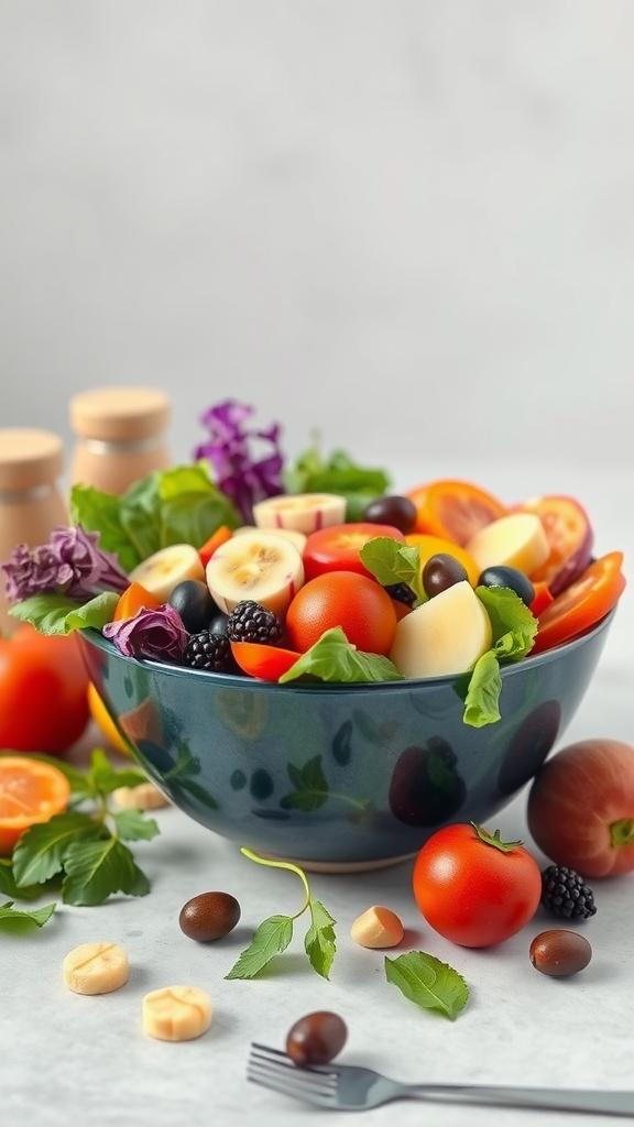 A colorful bowl of fresh fruits and vegetables including bananas, tomatoes, and leafy greens, representing a healthy diet.