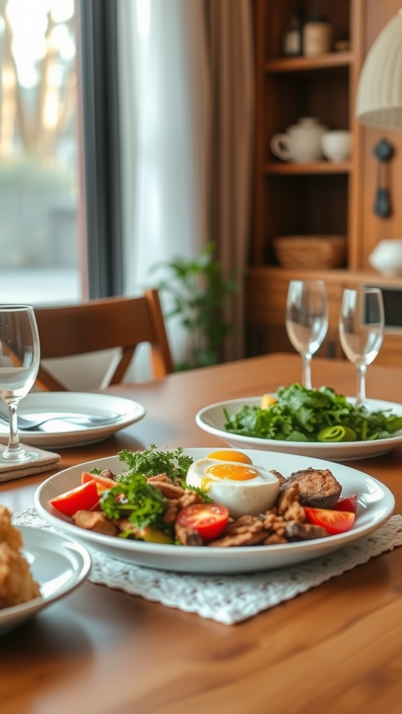 A healthy dinner plate with mixed greens, cherry tomatoes, avocado, and soft-boiled eggs.