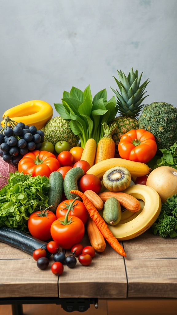 A vibrant display of fresh fruits and vegetables including tomatoes, broccoli, carrots, greens, bananas, and more, arranged on a wooden surface.