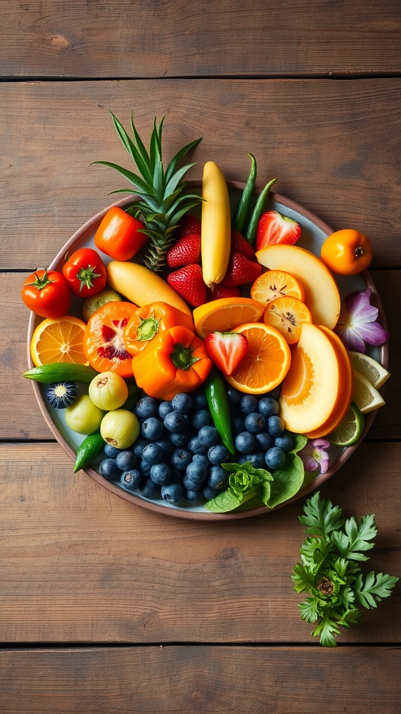 A vibrant plate of colorful fruits and vegetables arranged beautifully on a wooden table.