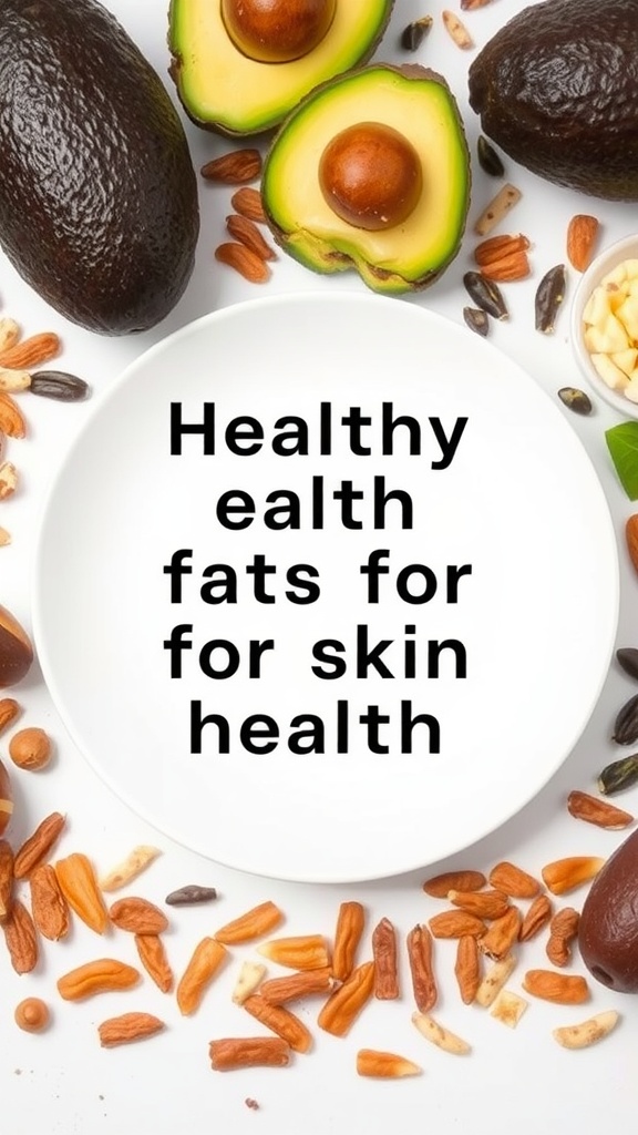 Healthy fats for skin nourishment including avocados, nuts, and seeds.