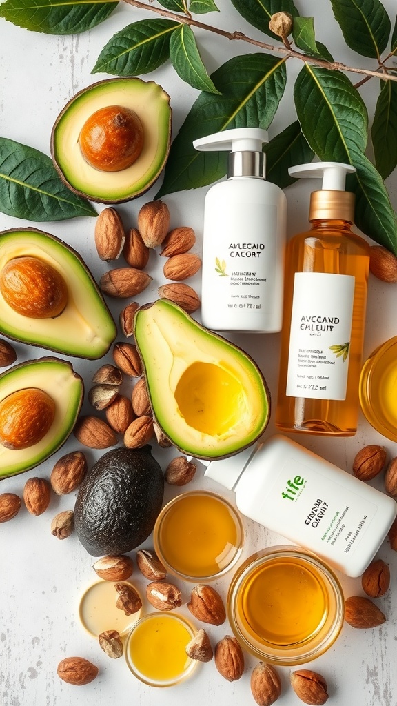 Aesthetic display of avocados, nuts, and skincare products showcasing the benefits of healthy fats.
