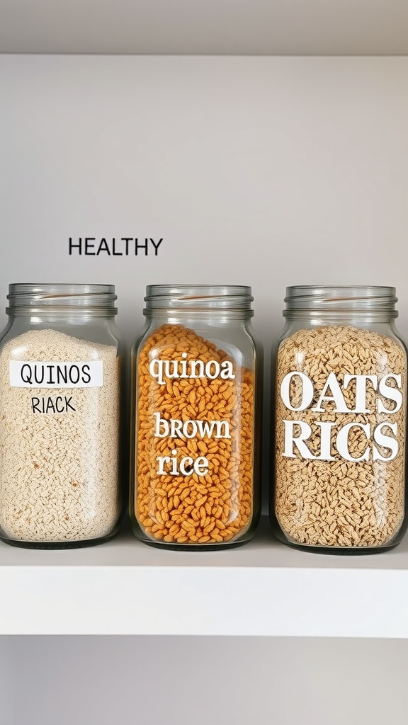 Jars of healthy grains including quinoa, brown rice, and oats.