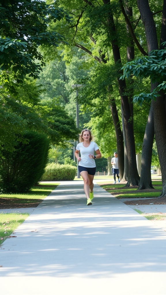 A woman jogging on a pathway surrounded by trees, promoting an active lifestyle for healthy skin.