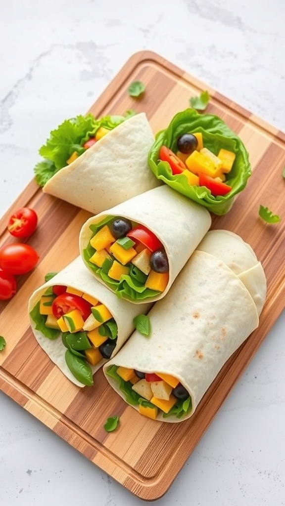 Colorful lunch wraps filled with fresh vegetables on a wooden cutting board.