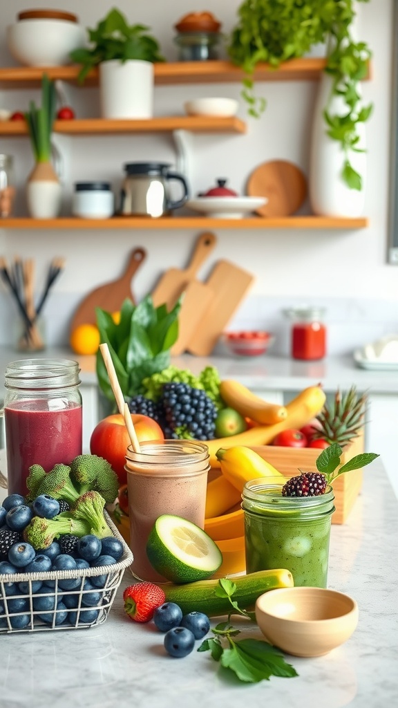 A vibrant display of smoothies and fresh fruits and vegetables on a kitchen counter.