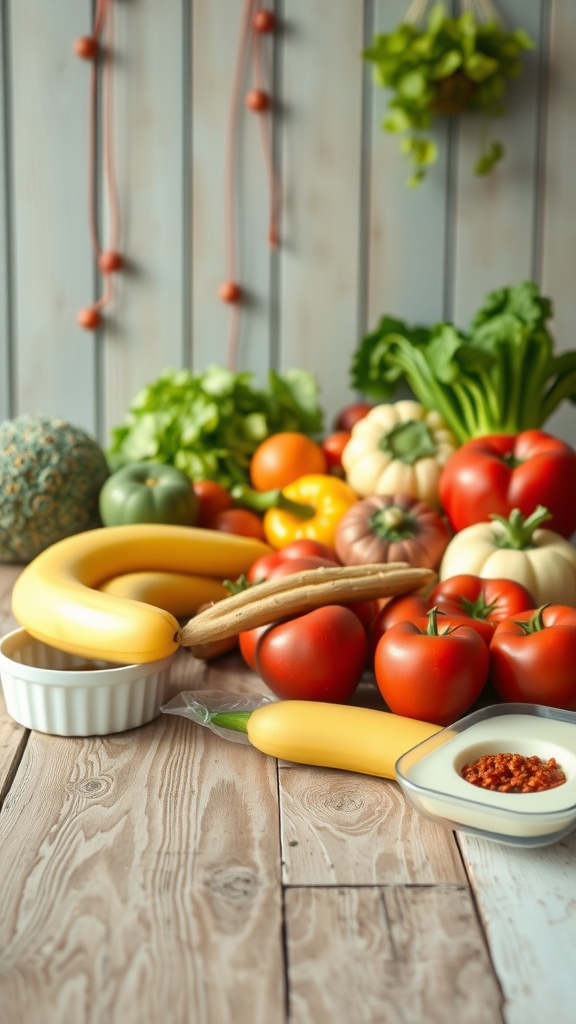 A variety of fresh fruits and vegetables including tomatoes, bananas, and leafy greens arranged on a wooden table.