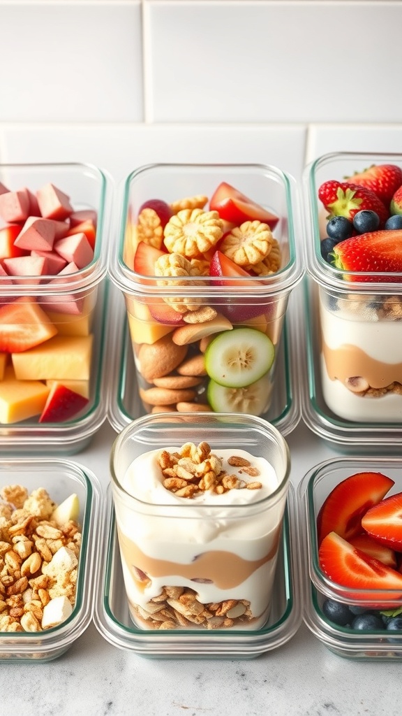 Healthy snacks in glass containers, including fruits, granola, and yogurt parfaits.