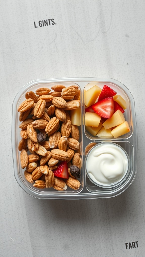A healthy snack pack with almonds, diced apples, strawberries, and yogurt.