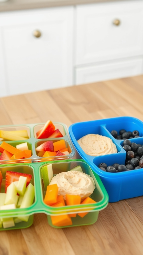 Colorful containers filled with fresh fruits, vegetables, and hummus dip on a kitchen countertop.